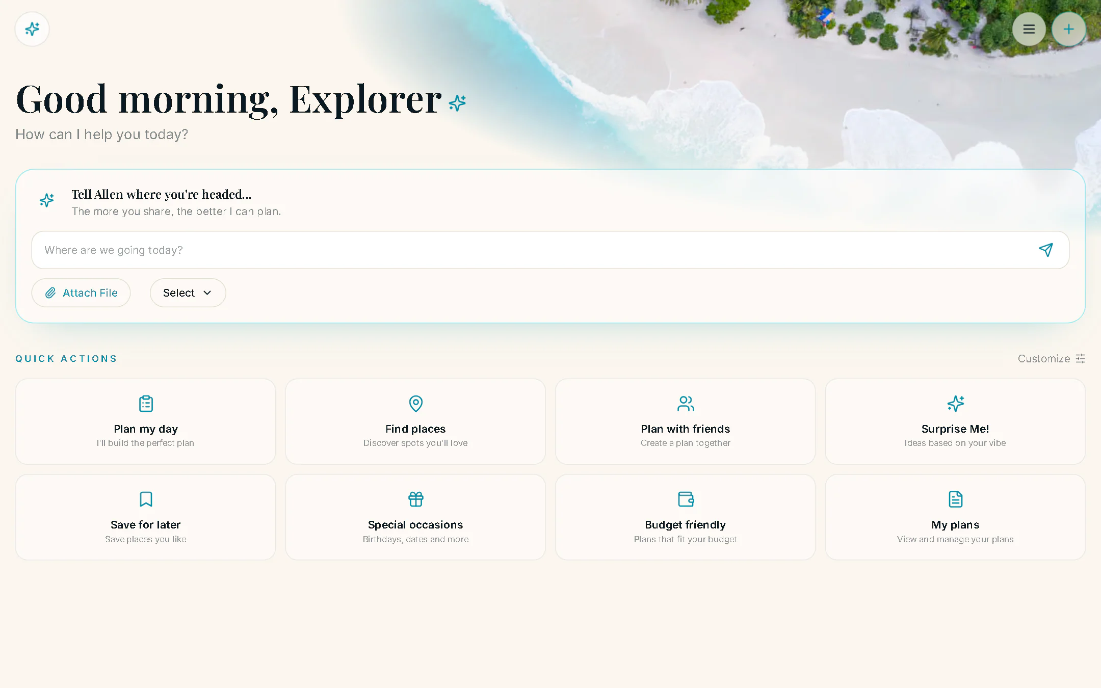 Allen, Aller's assistant, on a laptop: the greeting "Good morning, Explorer", a box for telling Allen where you are headed, and quick actions including Plan my day, Find places, Plan with friends, Special occasions and Budget friendly.