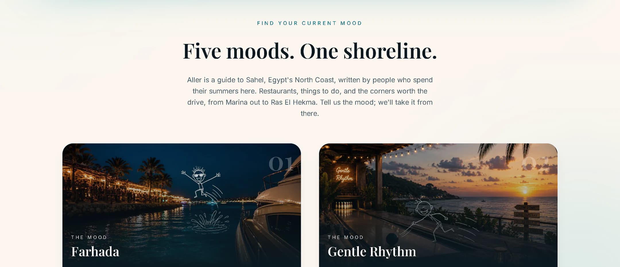 Aller's home page on a laptop, the section headed "Five moods. One shoreline.": a short introduction to the guide and the first two mood cards, Farhada at a night marina and Gentle Rhythm at sunset, each with its own hand-drawn figure.