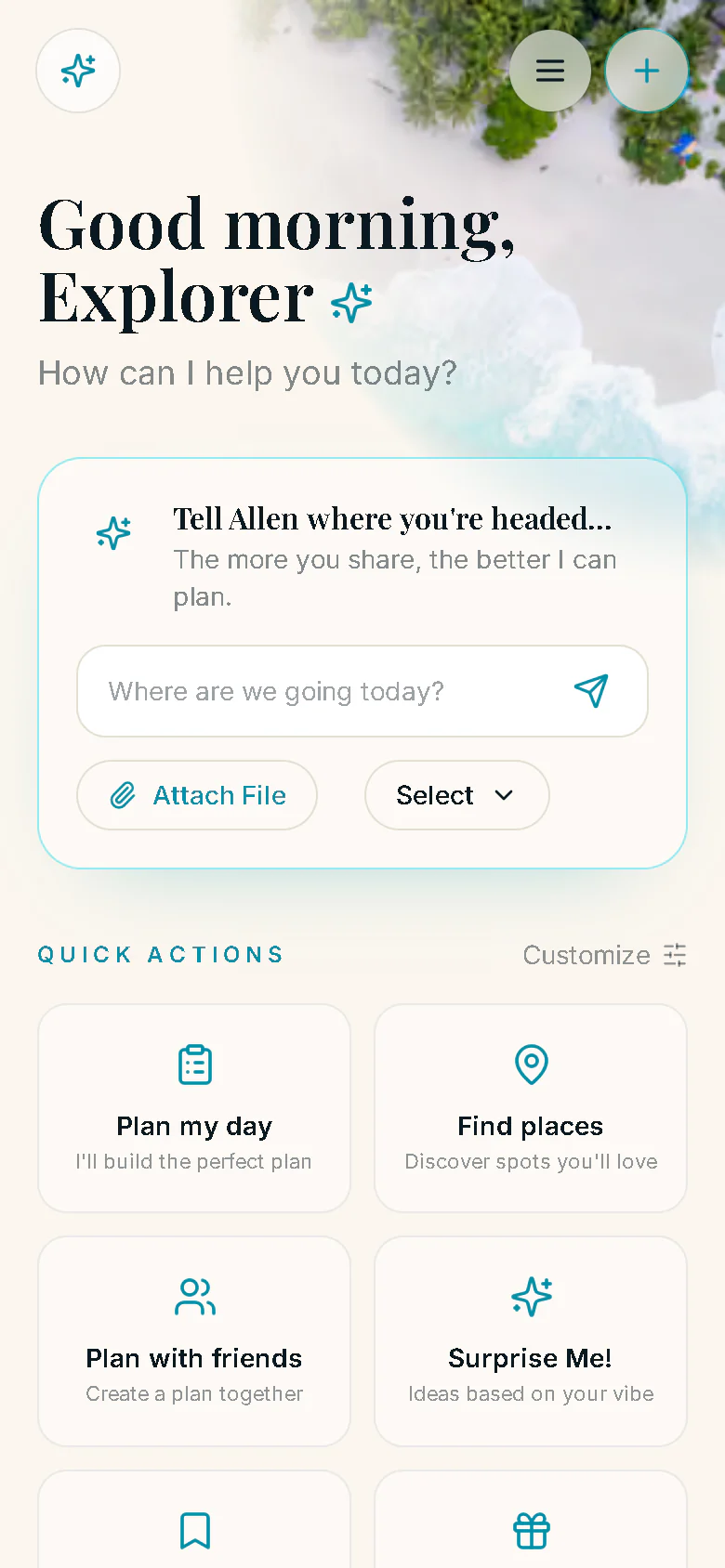 Allen, Aller's assistant, on a phone: the greeting "Good morning, Explorer", a box for telling Allen where you are headed, and the quick actions laid out as tiles.