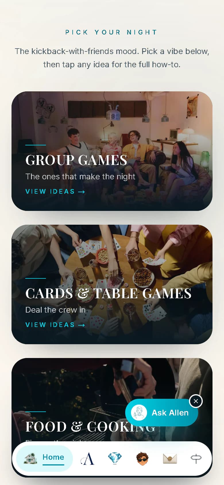 The Antakh mood page on a phone: Pick your night, with idea cards for group games, cards and table games, and food and cooking.
