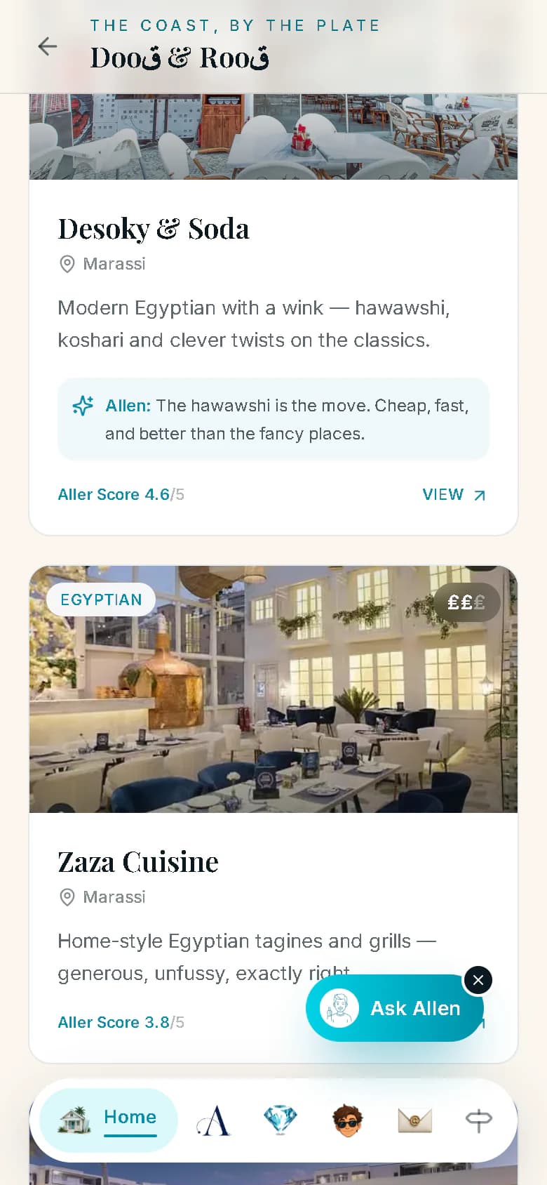 Restaurant cards in the Dooq & Rooq mood on a phone, each with a picture, the area, a short write-up, a note from Allen and its Aller score.