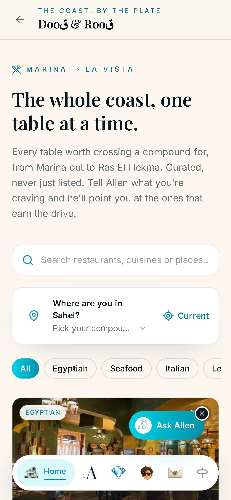 The Dooq & Rooq mood page on a phone: "The whole coast, one table at a time.", a search box, an area picker, cuisine filters and the first restaurant card.