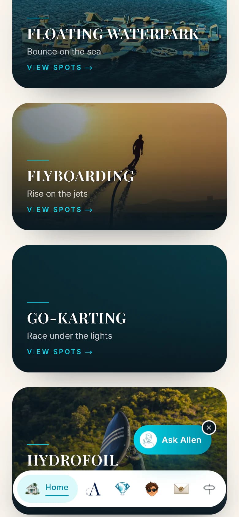 Activity cards in the Farhada mood on a phone: Floating Waterpark, Flyboarding, Go-karting and Hydrofoil, each with a View spots link.