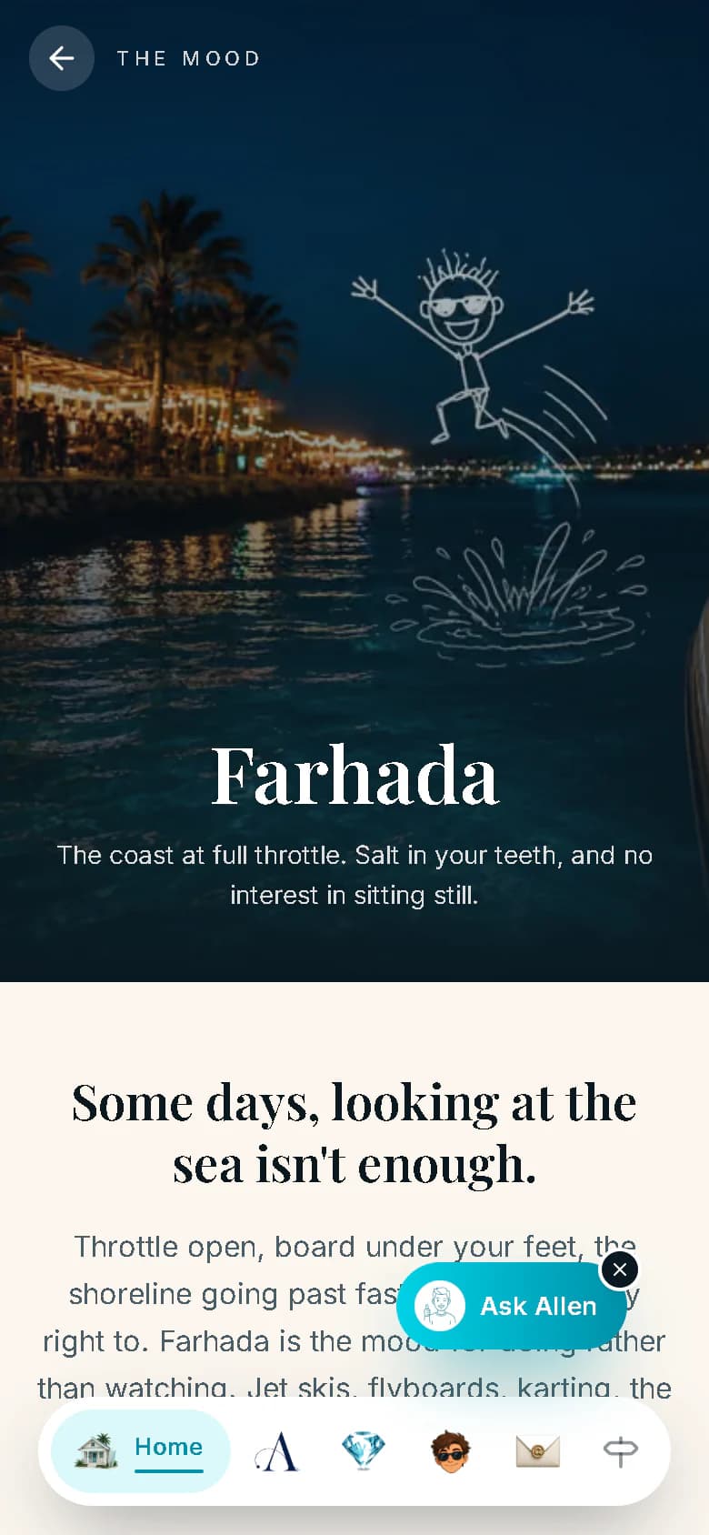 The Farhada mood page on a phone: the night marina hero with its hand-drawn figure and the line "The coast at full throttle", then the opening paragraph, with the bottom navigation and the Ask Allen button over it.