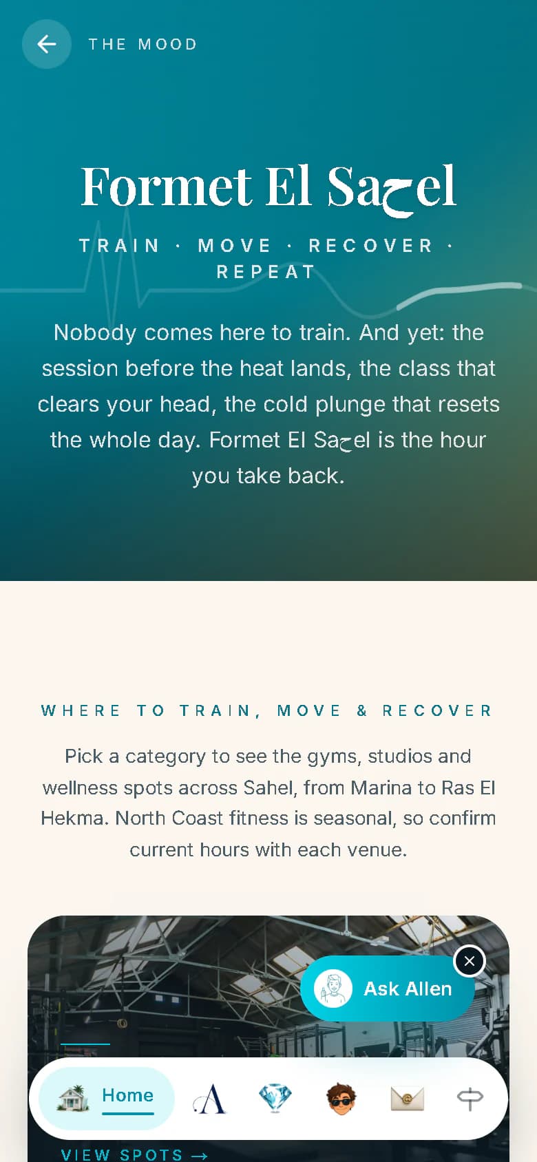 The Formet El Sahel mood page on a phone: a teal hero with the strapline Train, move, recover, repeat, a short introduction, and the start of its list of places to train.