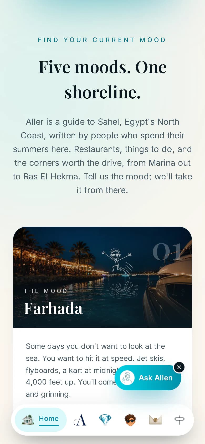 Aller's home page on a phone, the section headed "Five moods. One shoreline.": a short introduction to the guide and the Farhada card with its description, above the bottom navigation and the Ask Allen button.