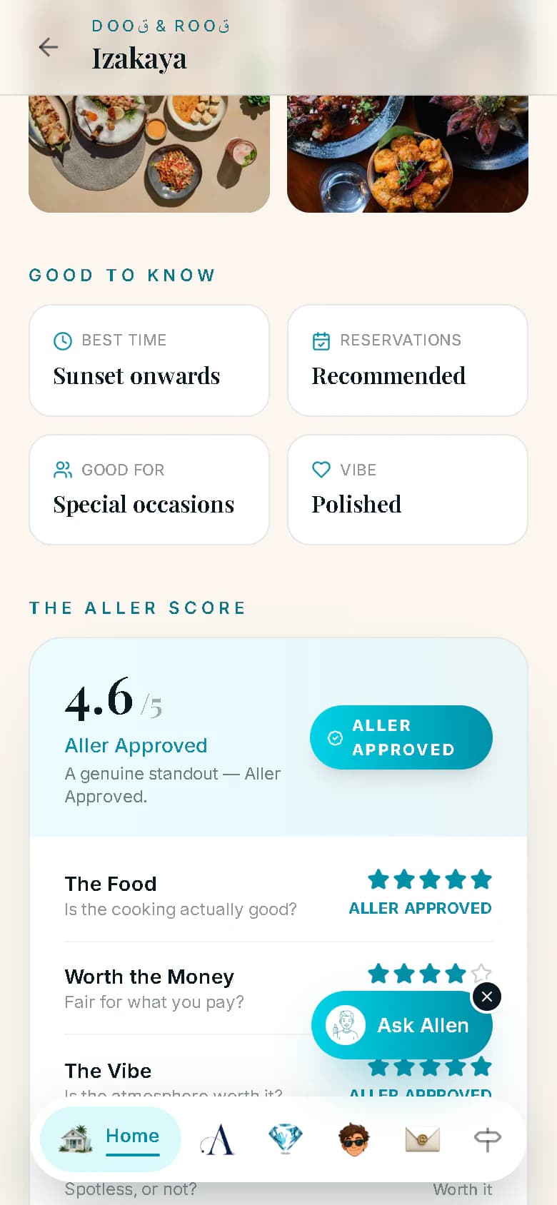 Further down the Izakaya page on a phone: Good to know (best time, reservations, good for, vibe) and the Aller score of 4.6 broken down into the food, value for money, vibe, cleanliness and service.