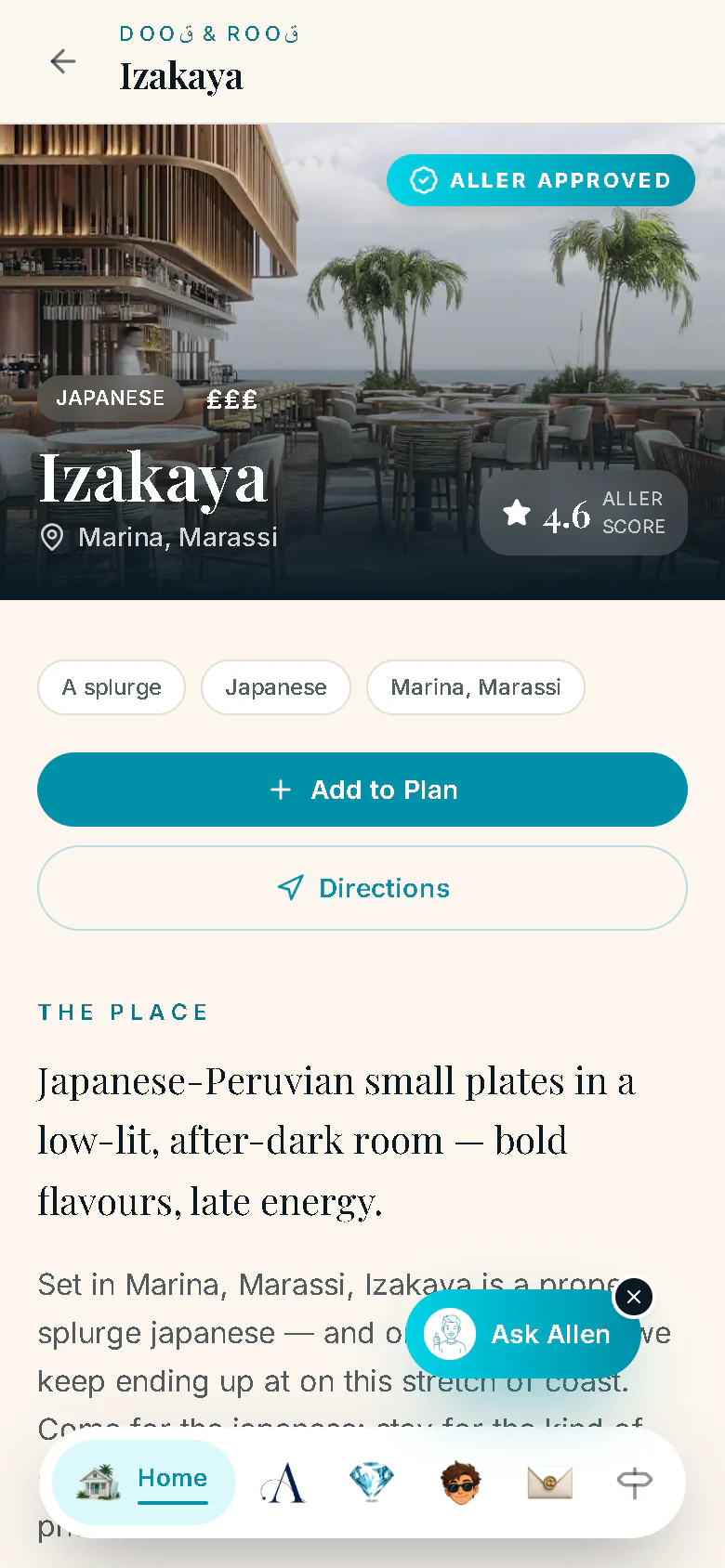 The Izakaya venue page on a phone: a terrace restaurant with palms, the Aller Approved badge and a 4.6 Aller score, Add to Plan and Directions, and the start of its write-up.