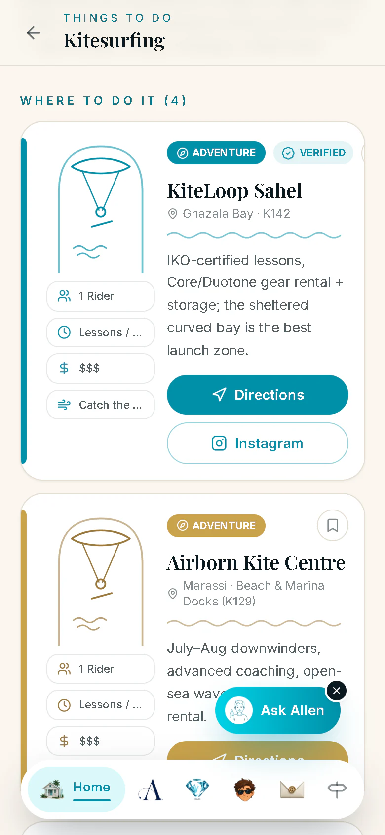 Further down the Kitesurfing page on a phone: Where to do it, with cards for operators such as KiteLoop Sahel and Airborn Kite Centre, each with its details, Directions and Instagram.
