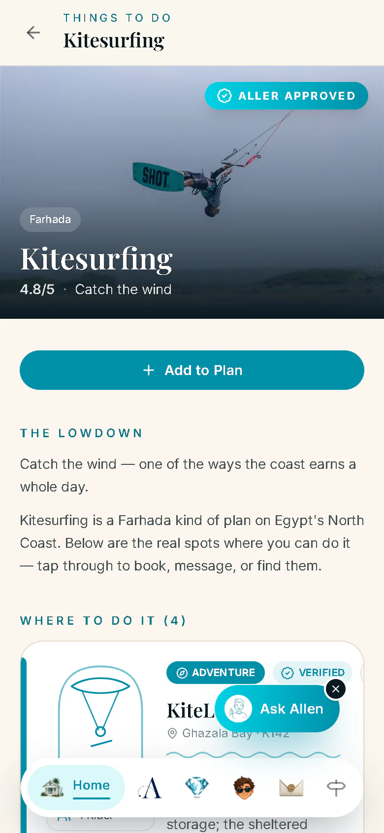 The Kitesurfing activity page on a phone: a kitesurfer in the air over grey water, the Aller Approved badge, a 4.8 out of 5 rating, Add to Plan, and The lowdown.