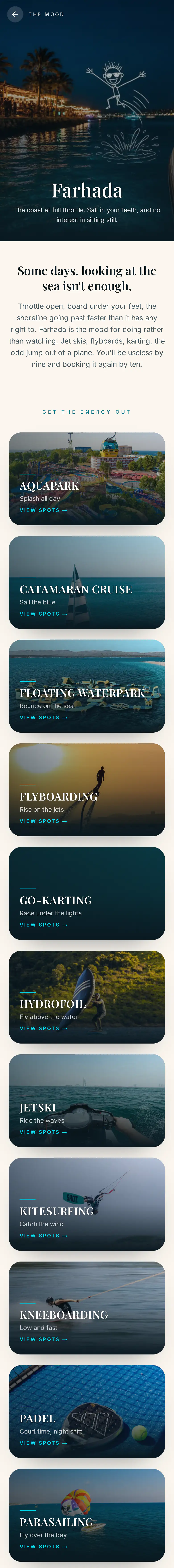 The Farhada mood page on a phone from the top: the night marina hero, the opening paragraph, and its activity cards from Aquapark to Parasailing.