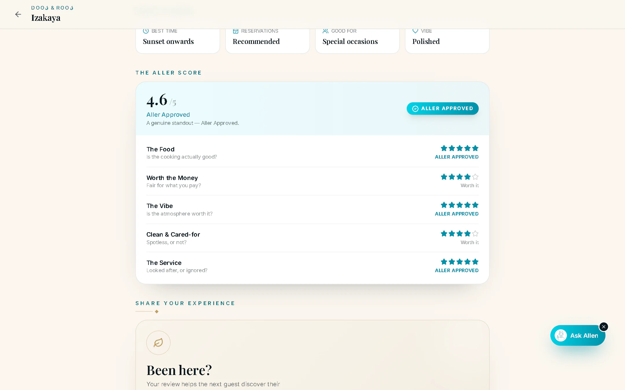 The Izakaya page on a laptop, scrolled to the Aller score: 4.6 out of 5, with star ratings for the food, worth the money, the vibe, clean and cared-for, and the service, above the guest review form.