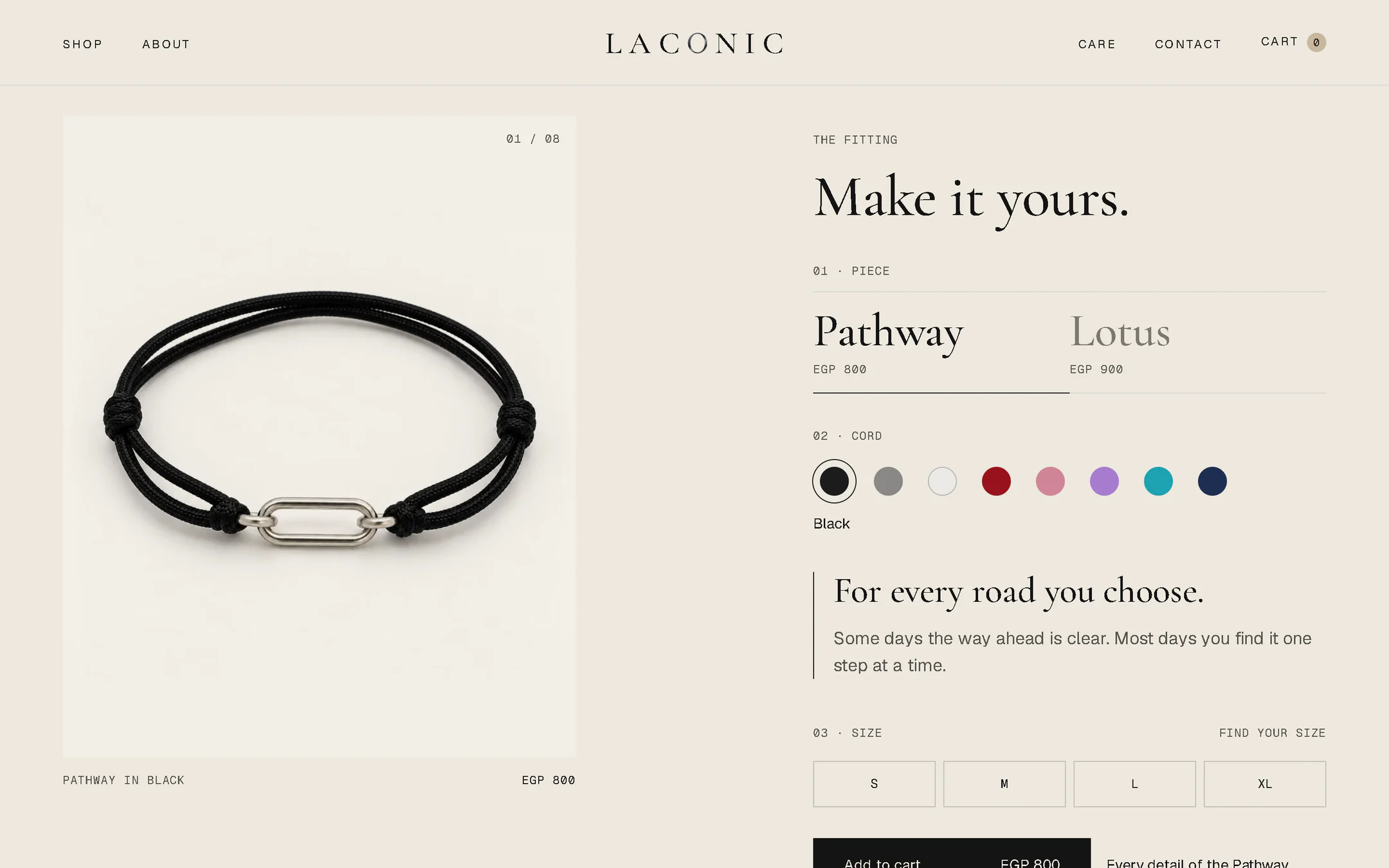 The fitting on a laptop as it first appears: "Make it yours.", the Pathway in black cord, the eight cord swatches with black selected, and the size buttons.