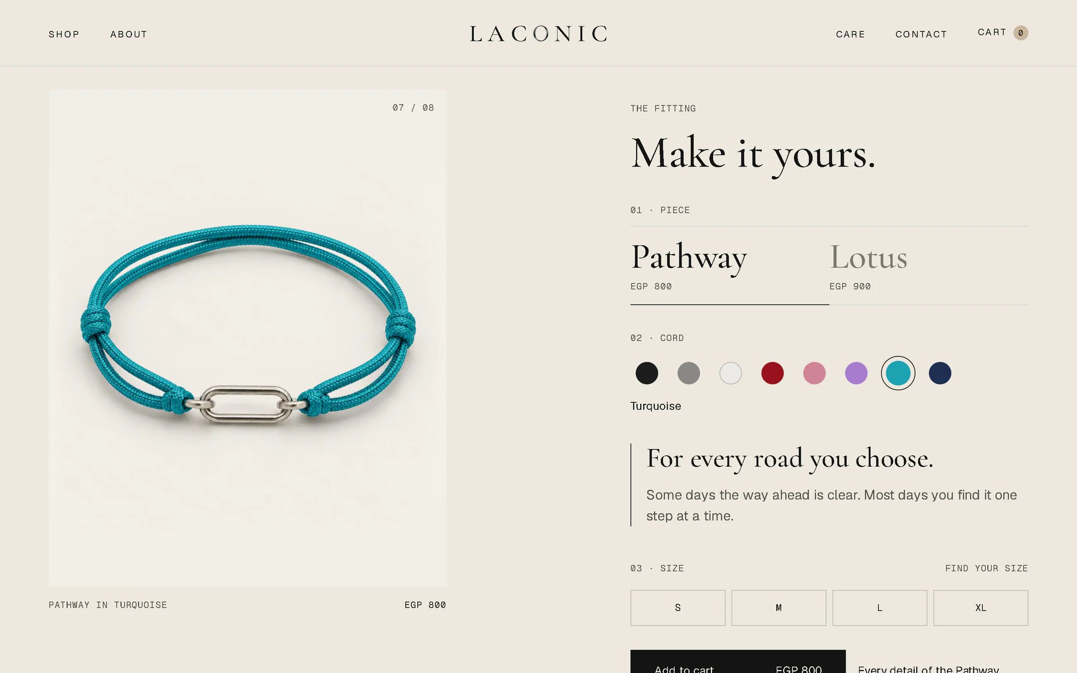 The fitting on the LACONIC home page, on a laptop: "Make it yours." with the Pathway chosen, the turquoise cord selected from eight swatches, the picture showing the Pathway in turquoise, and the size buttons from S to XL.