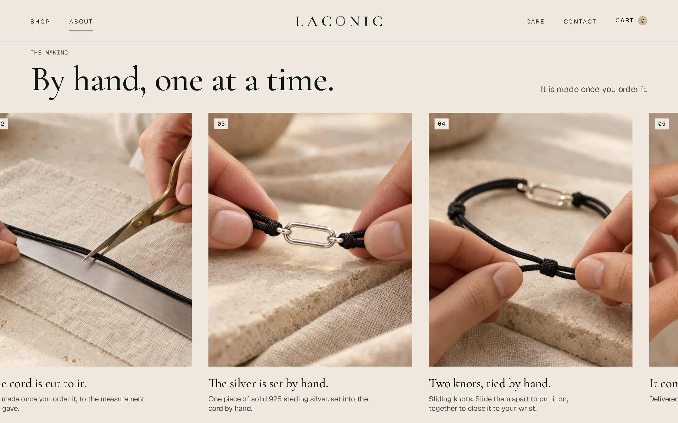 The About page on a laptop, "By hand, one at a time.": a row of numbered pictures of the making (cutting the cord, setting the silver, tying the two knots), each with a line of text.
