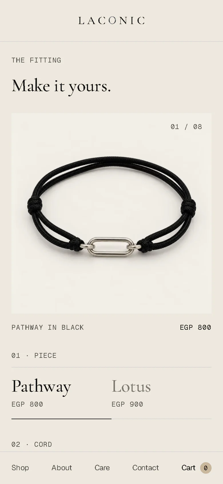 The fitting on a phone: "Make it yours.", a picture of the Pathway in black cord with its price, and the choice between the Pathway and the Lotus.
