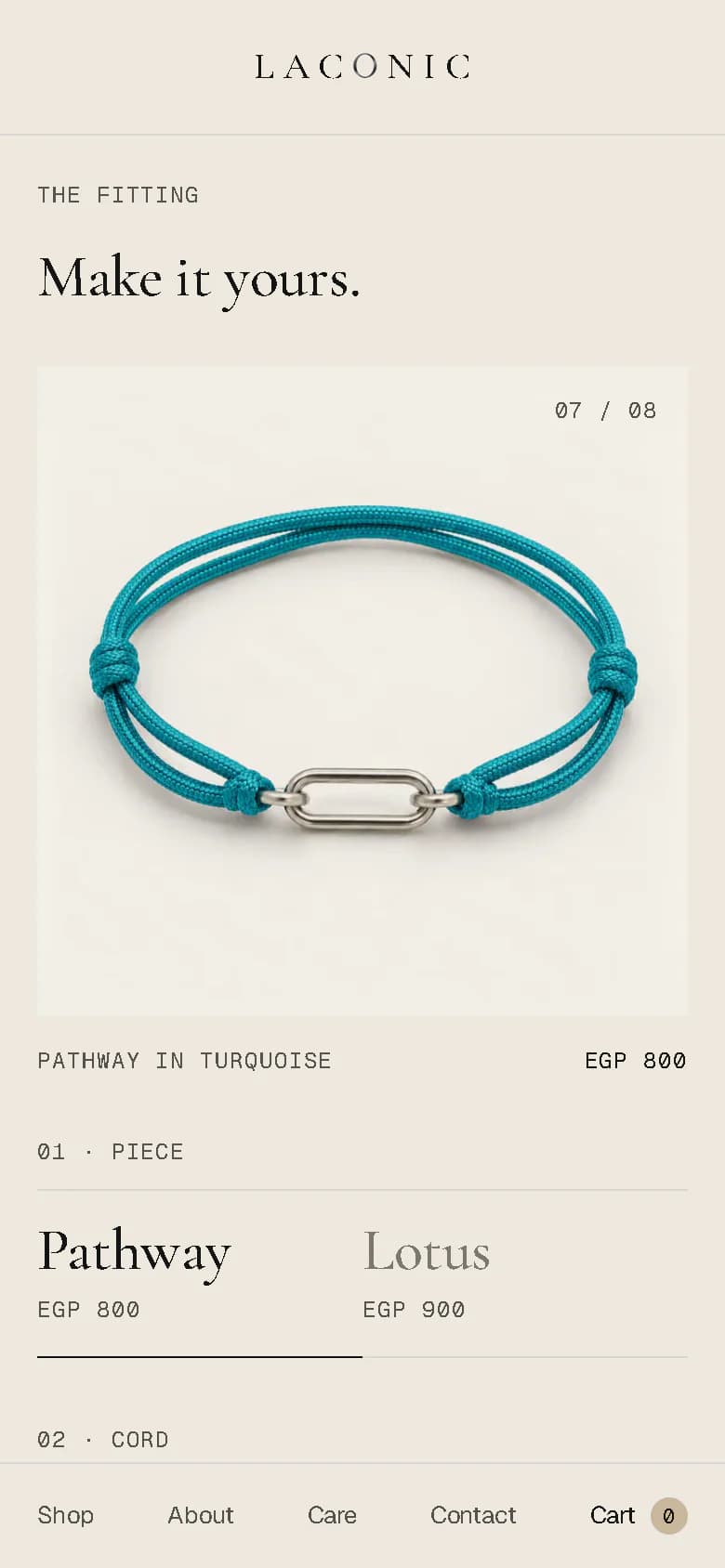 The same view on a phone after choosing the turquoise cord: the picture now shows the Pathway in turquoise.