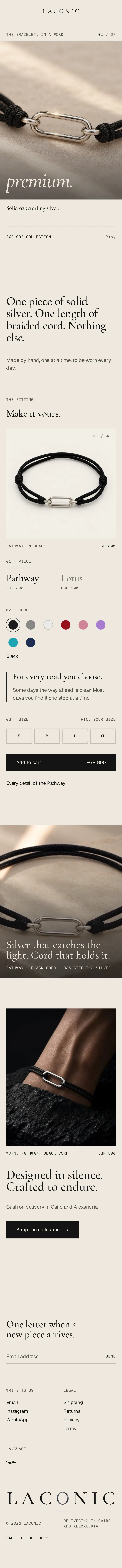 The whole LACONIC home page on a phone: the word premium. over its picture, "One piece of solid silver. One length of braided cord. Nothing else.", the fitting, the full-width silver picture, the bracelet worn with "Designed in silence. Crafted to endure.", the newsletter and the footer wordmark.