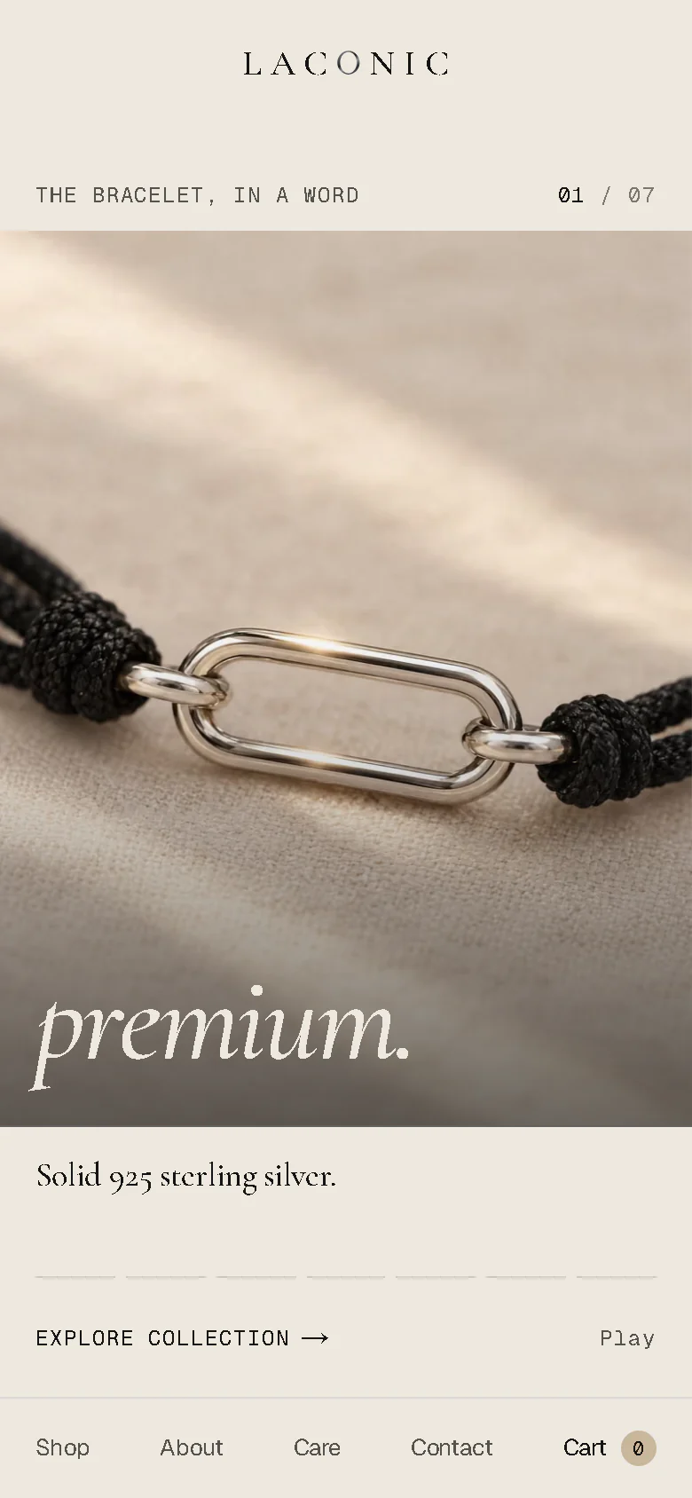 The LACONIC home page on a phone, word 1 of 7: "premium." set over a close-up of the Pathway's silver link between black braided cords on soft fabric, with the line "Solid 925 sterling silver." beneath.