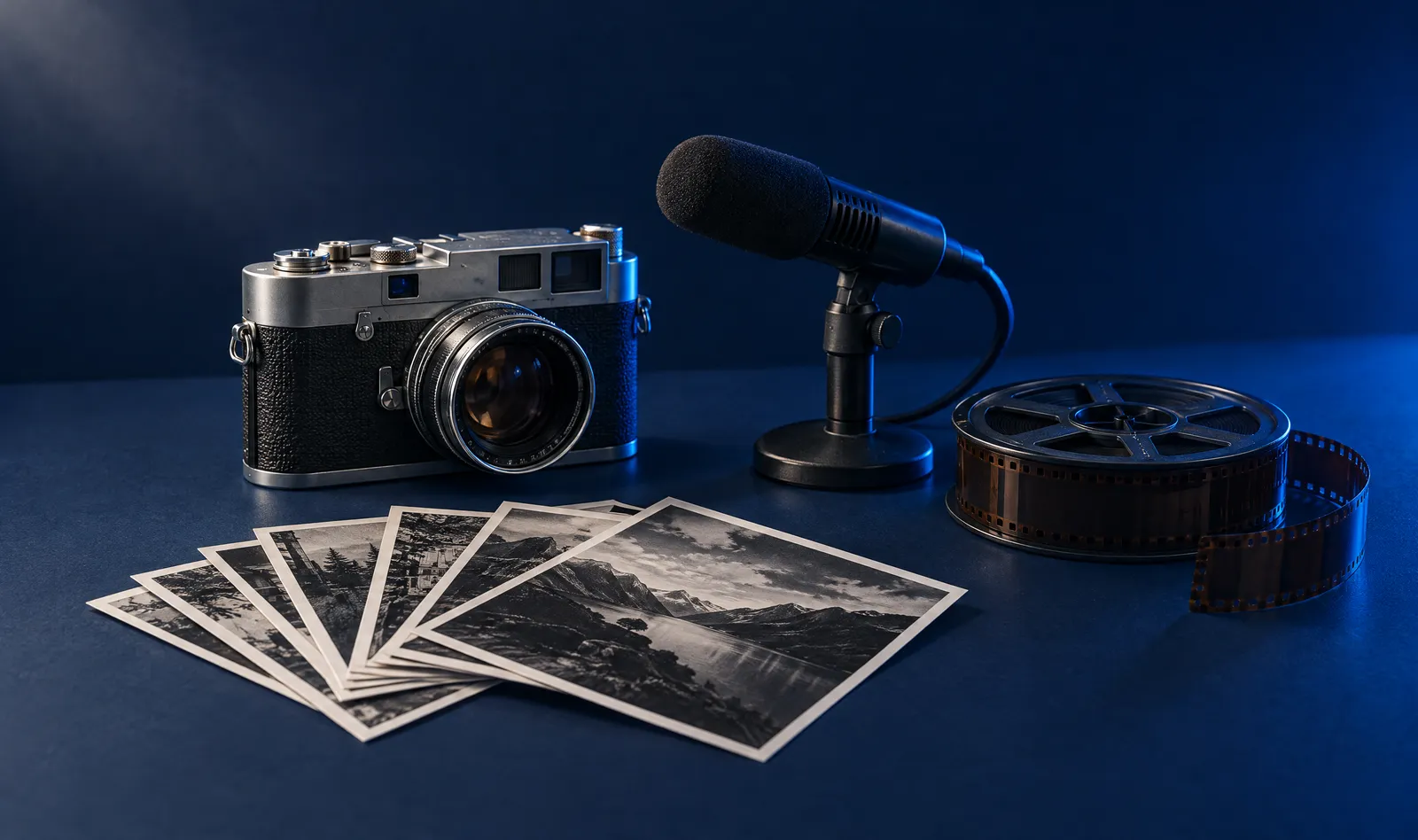 Communication tools on a navy desk: a camera, a microphone, film and printed photographs.