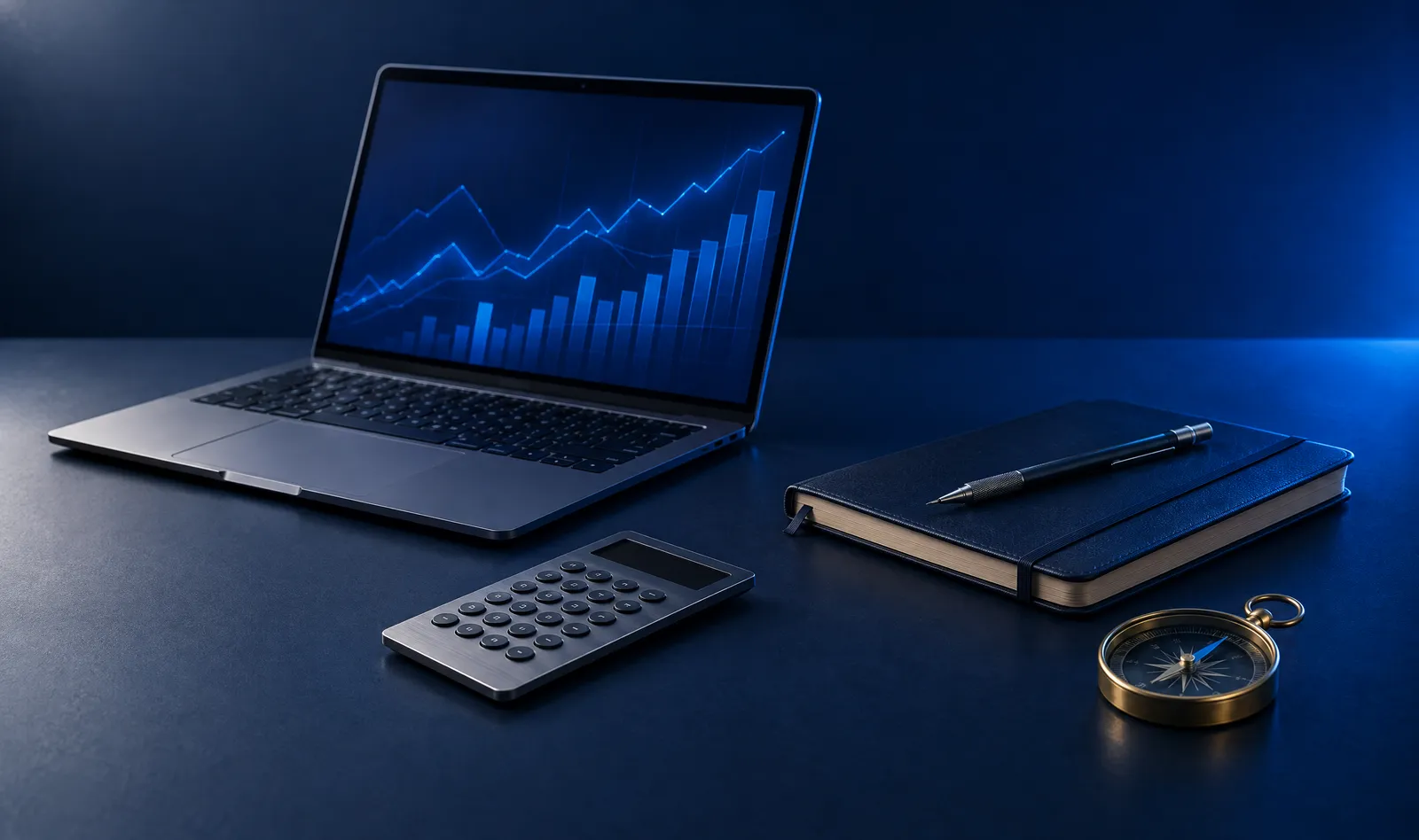 Business tools on a navy desk: a laptop with blue charts, a notebook and a calculator.