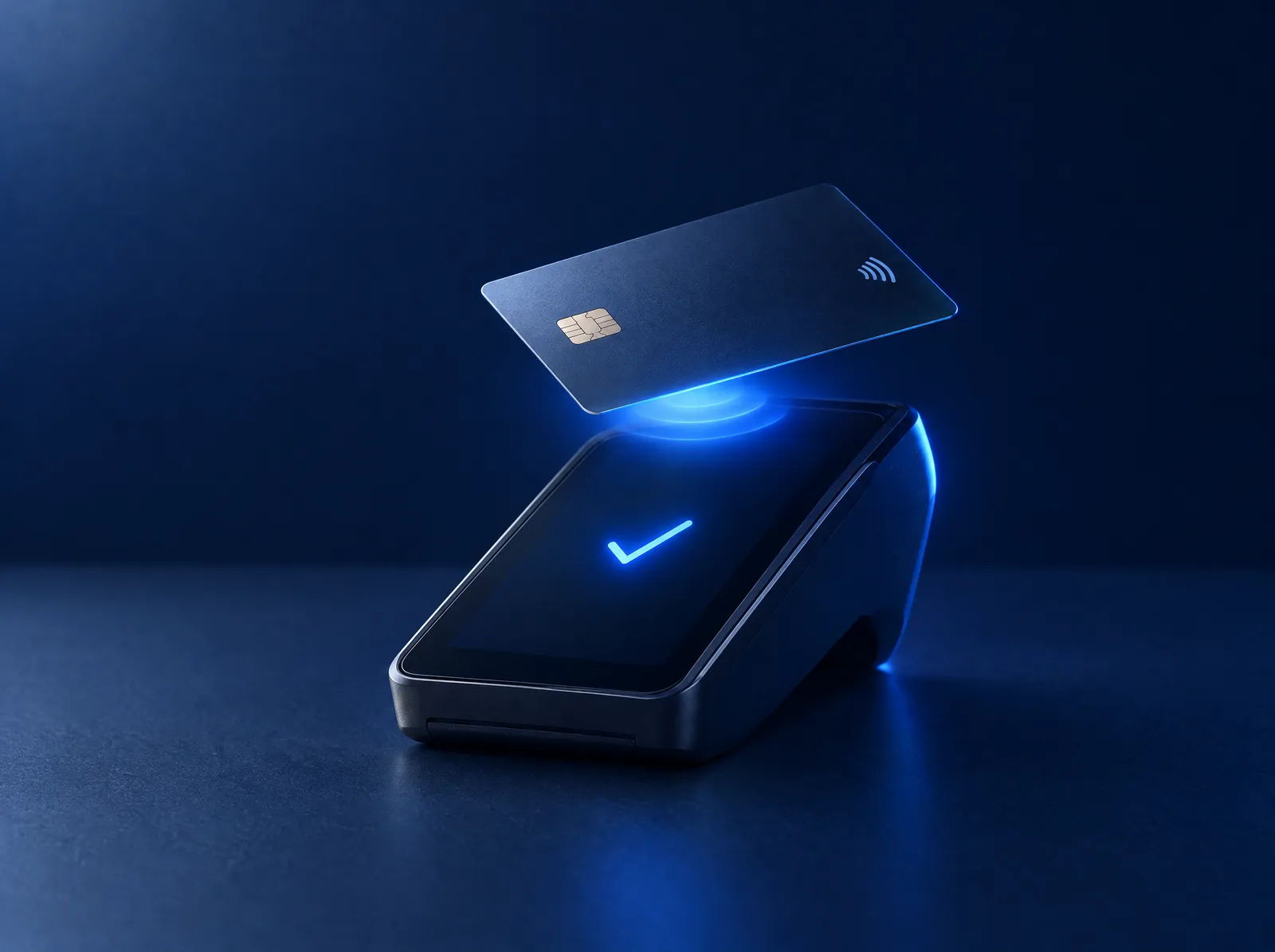 A bank card tapping a payment terminal; the screen shows a blue check.