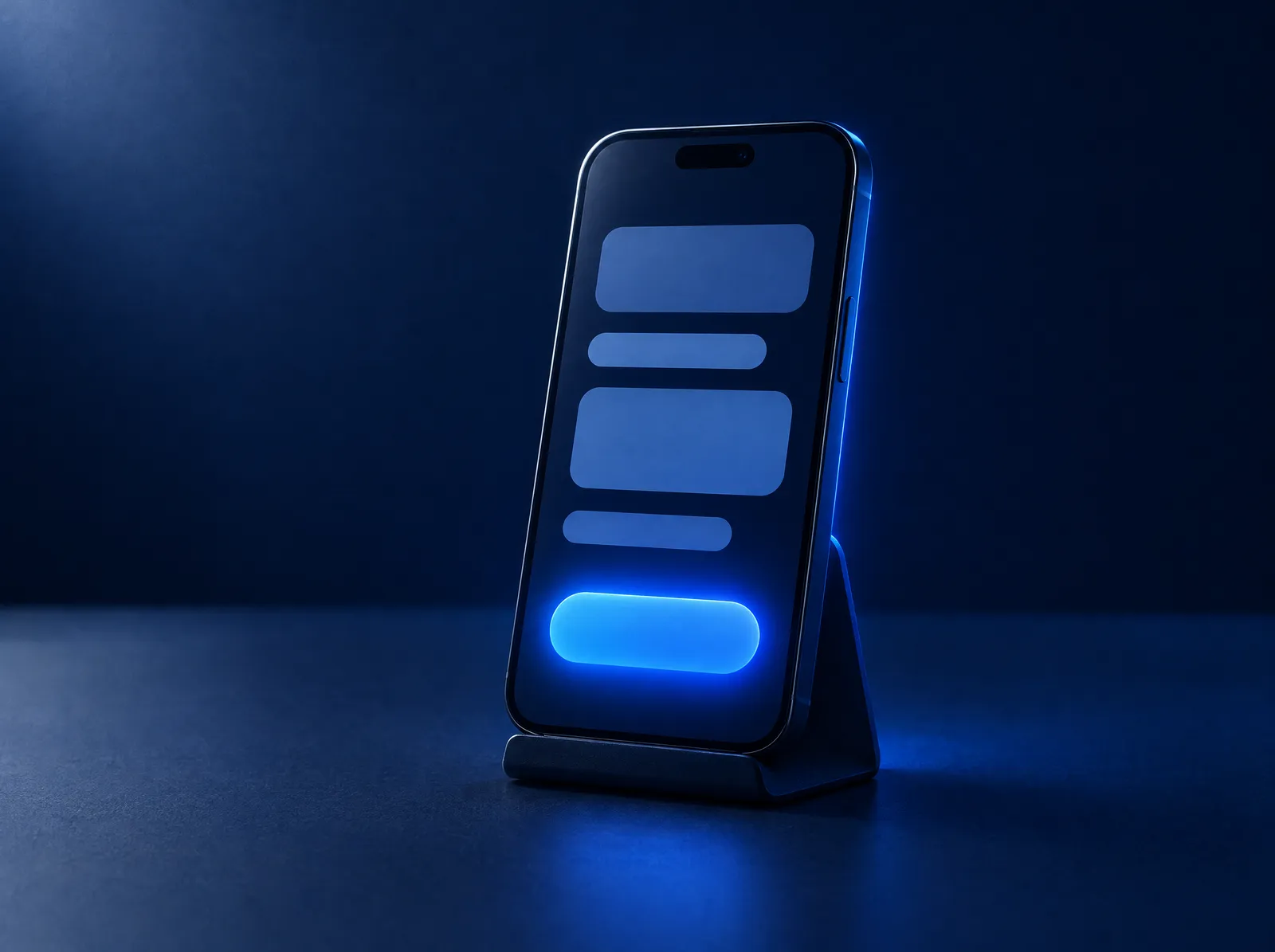 A phone on a stand with a simple screen and one large glowing button.