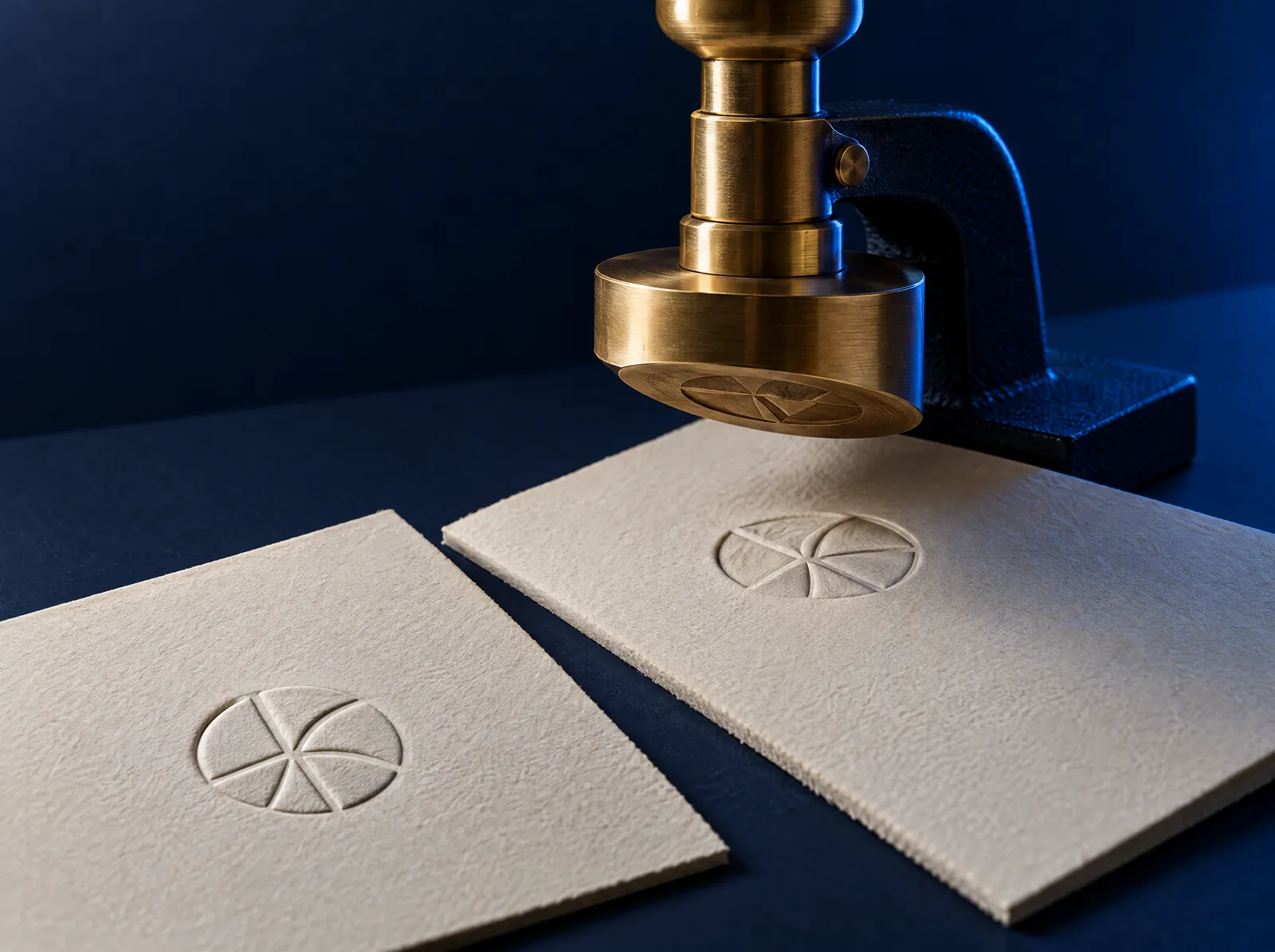 A brass embossing seal pressing an emblem into thick cream paper.