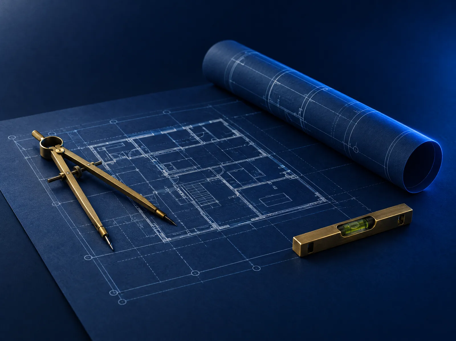 A blueprint held flat by a brass compass and a spirit level.