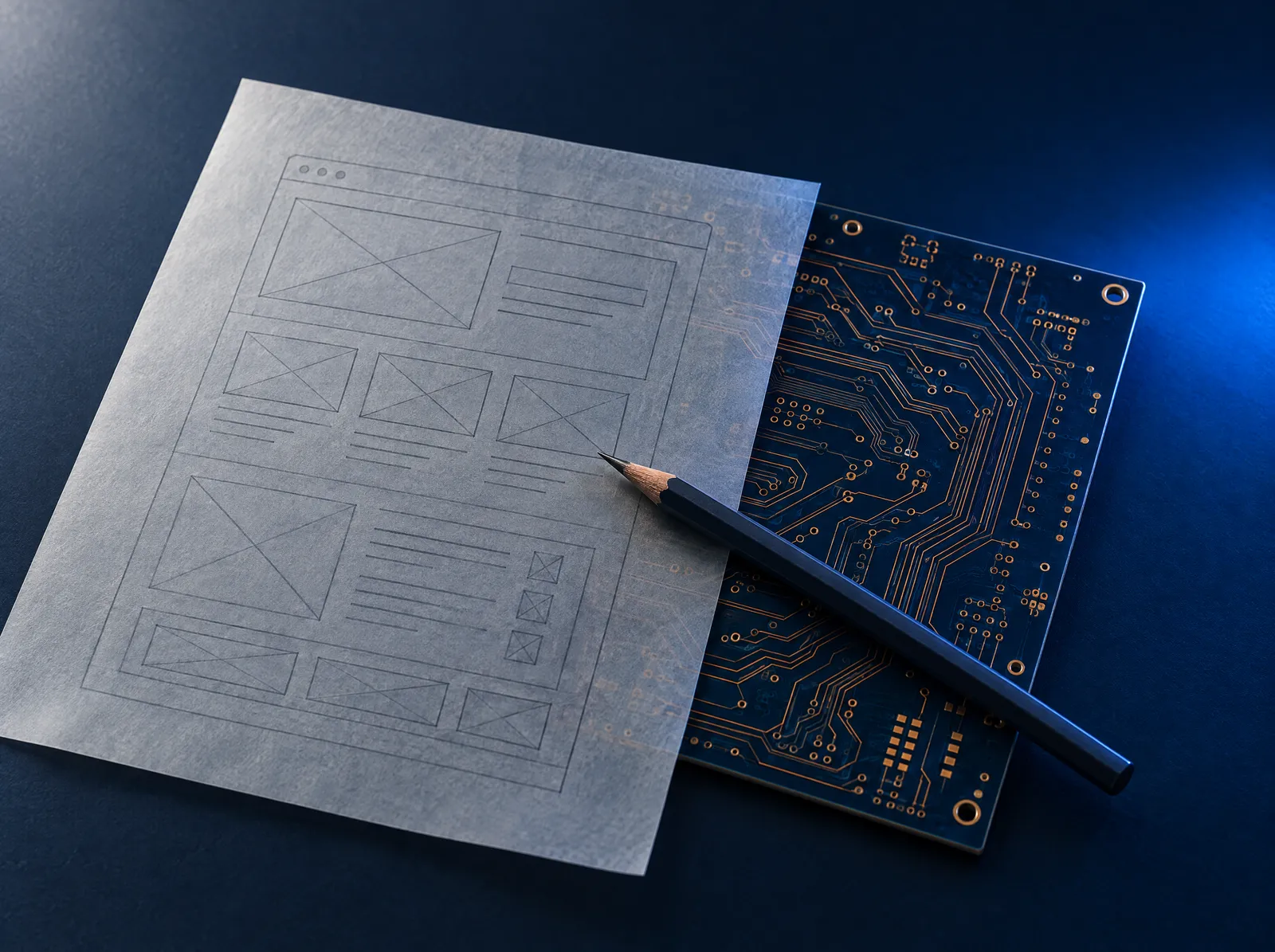 A pencil wireframe on tracing paper laid over a circuit board.
