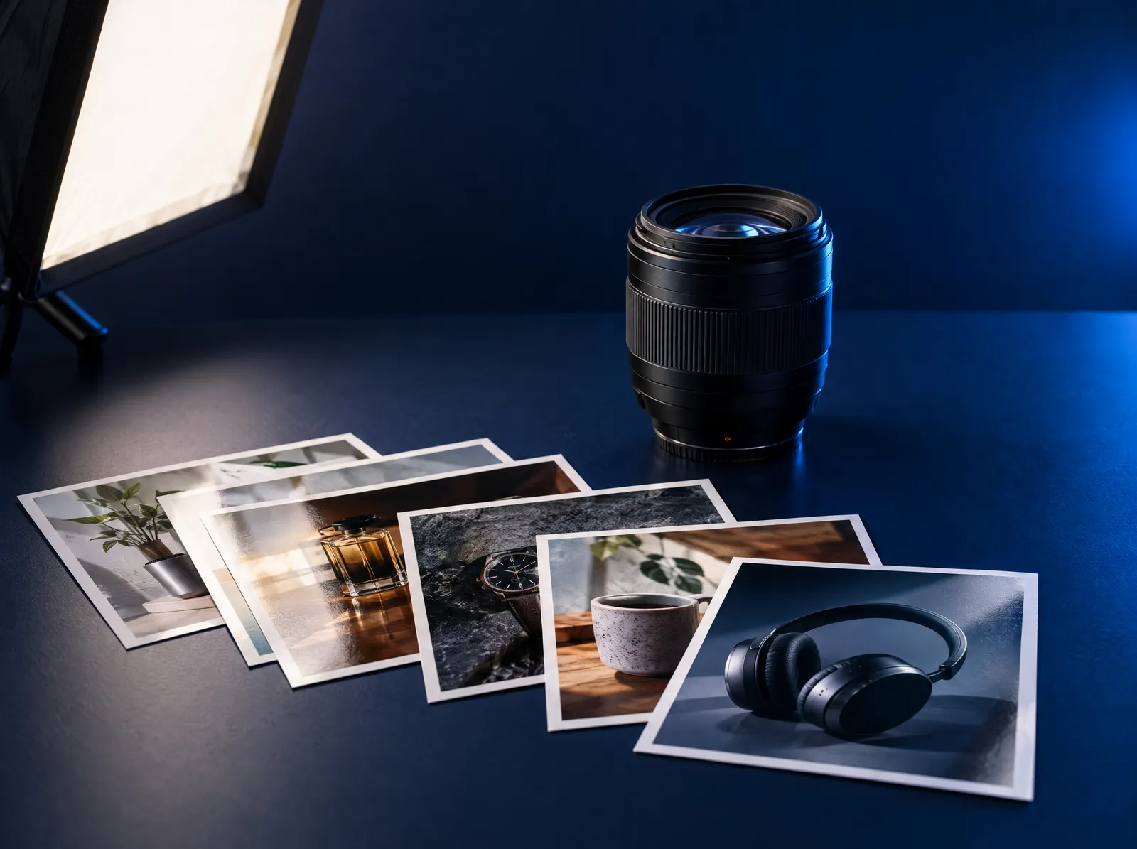 A camera lens, a softbox and freshly printed product photographs.