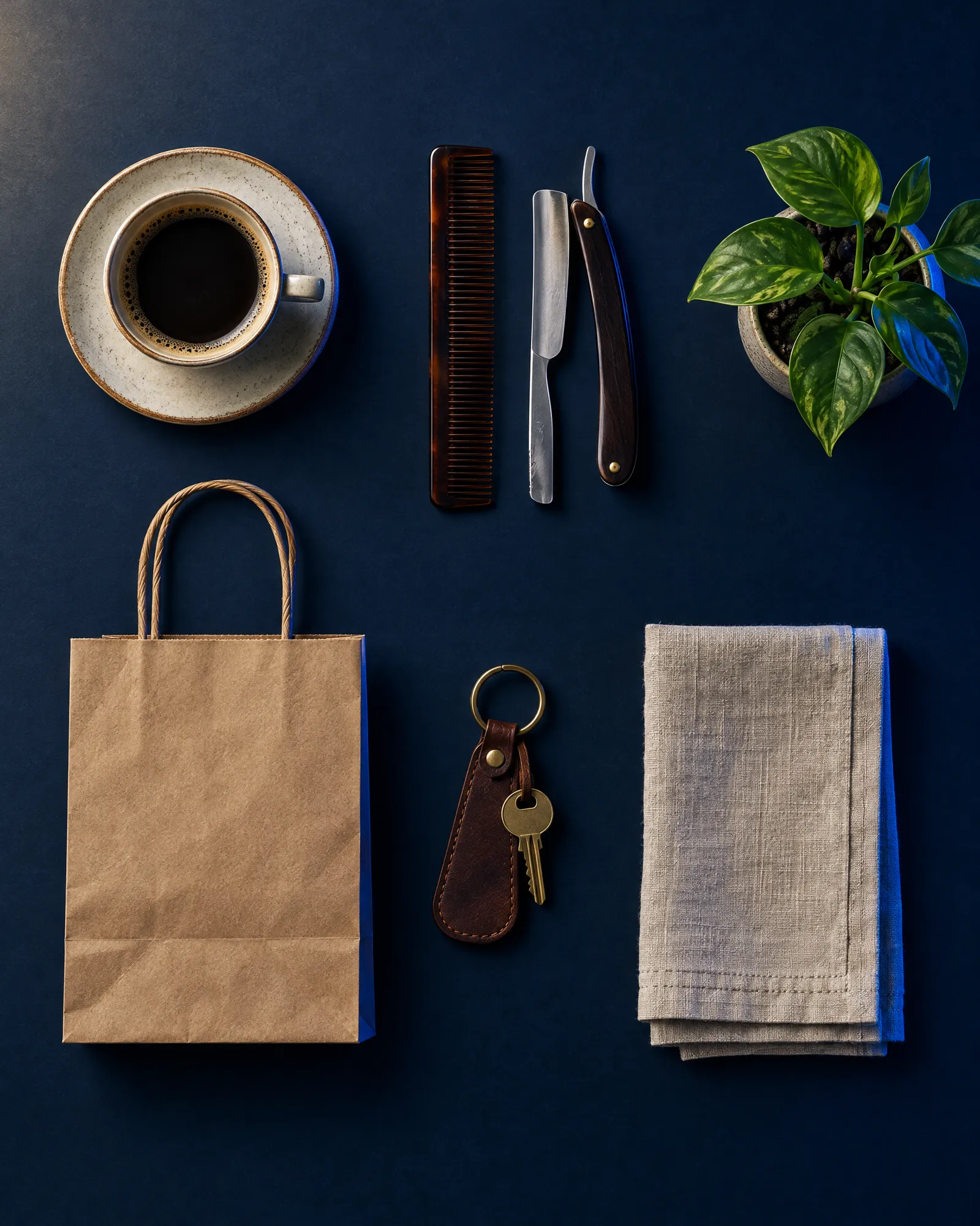 Objects from different small businesses laid out on a navy table: a coffee cup, a comb and razor, a shopping bag, a shop key, a plant and a napkin.