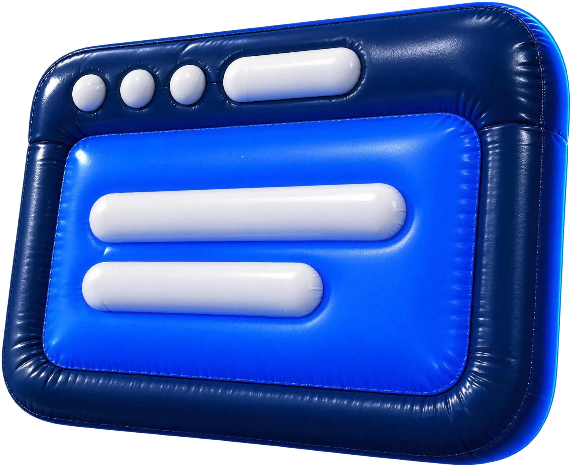 An inflated navy browser window with three white dots, a white tab and a blue screen with two white bars