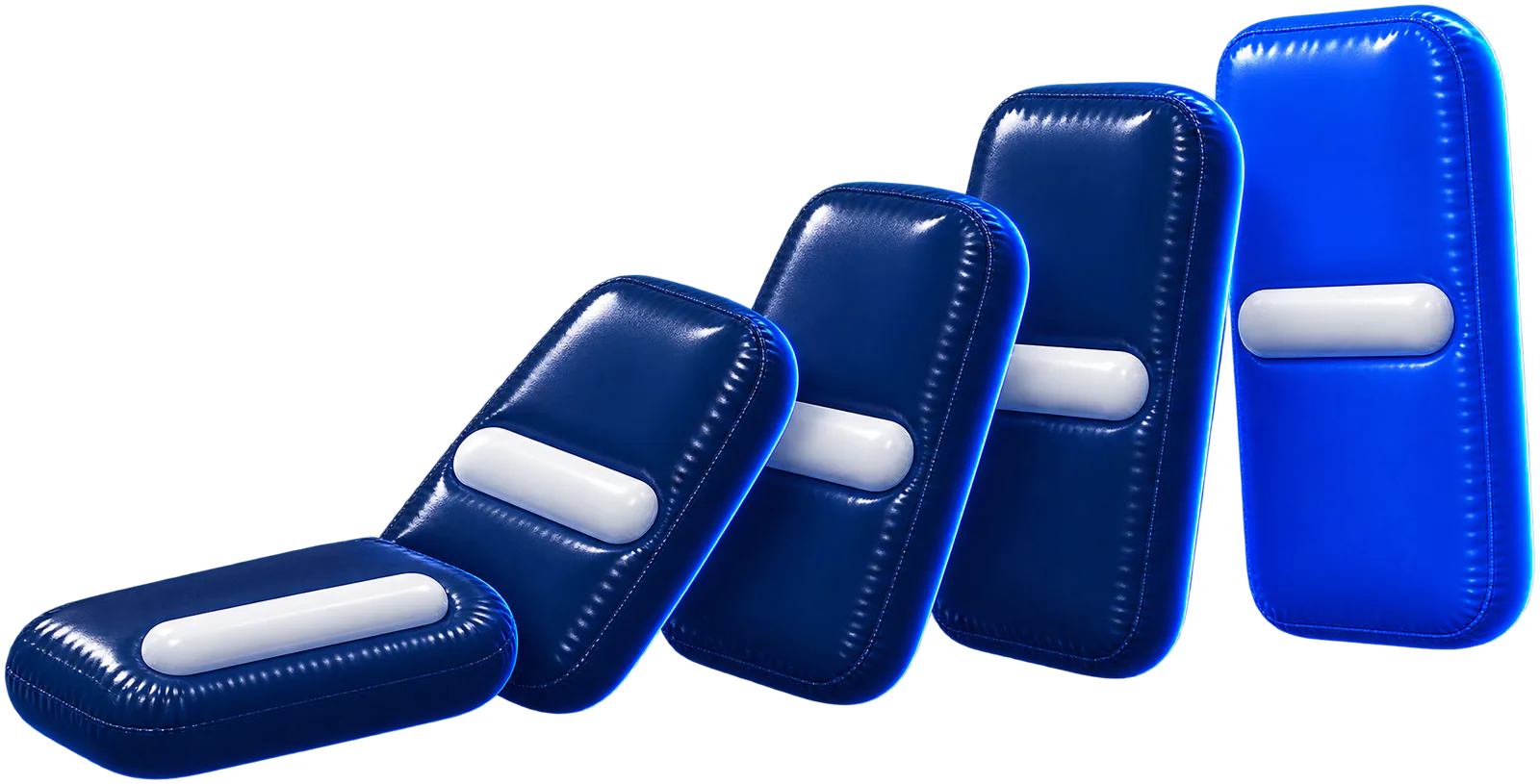 A row of inflated navy dominoes toppling into one another, the last one blue
