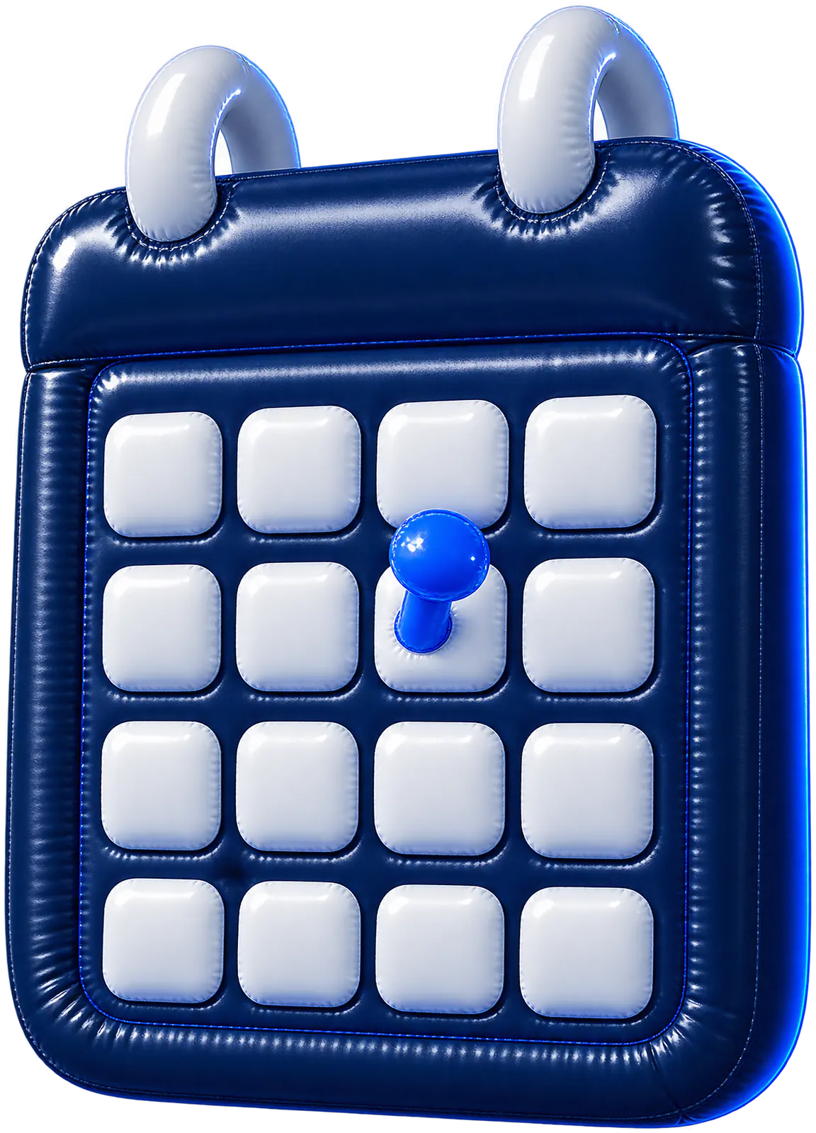 An inflated navy wall calendar with a grid of white day squares, one held by a blue pin