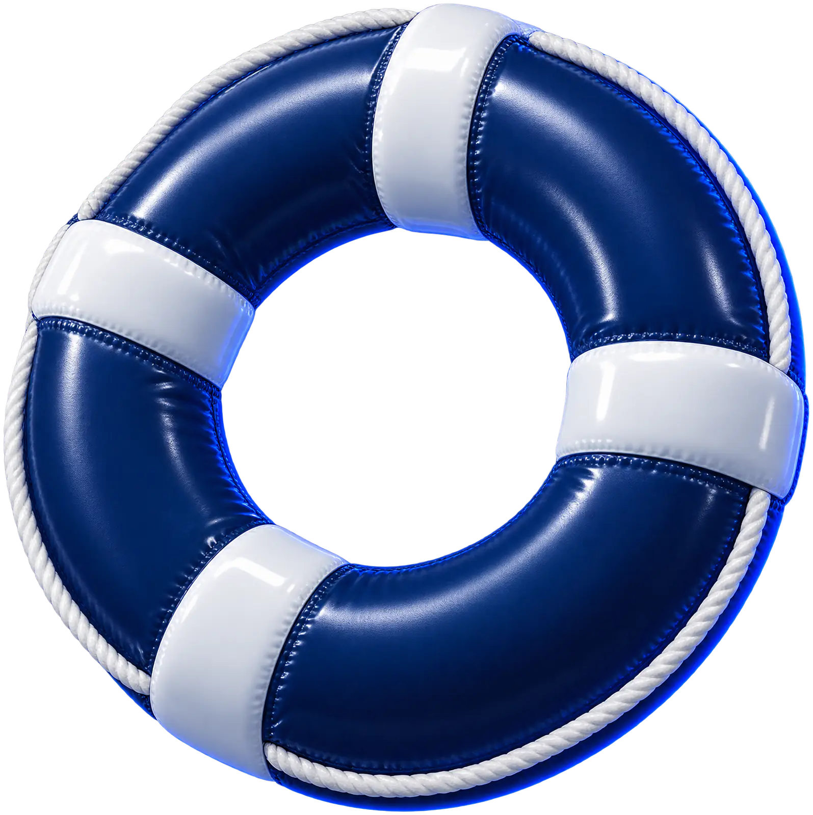 An inflated navy lifebuoy ring with white bands and a white rope