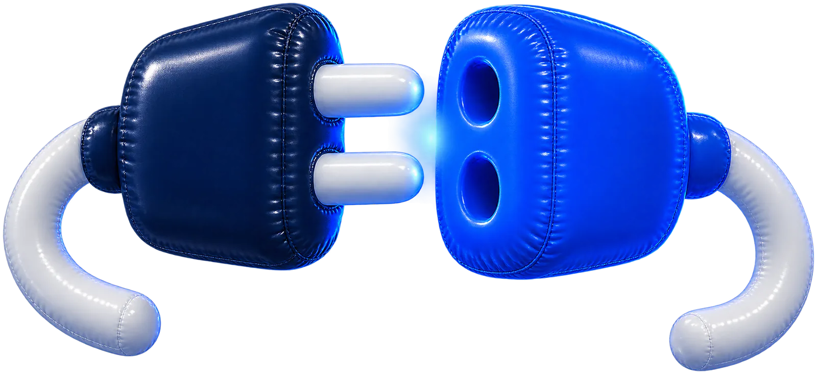 An inflated navy plug and a blue socket about to connect, with a soft blue glow between them
