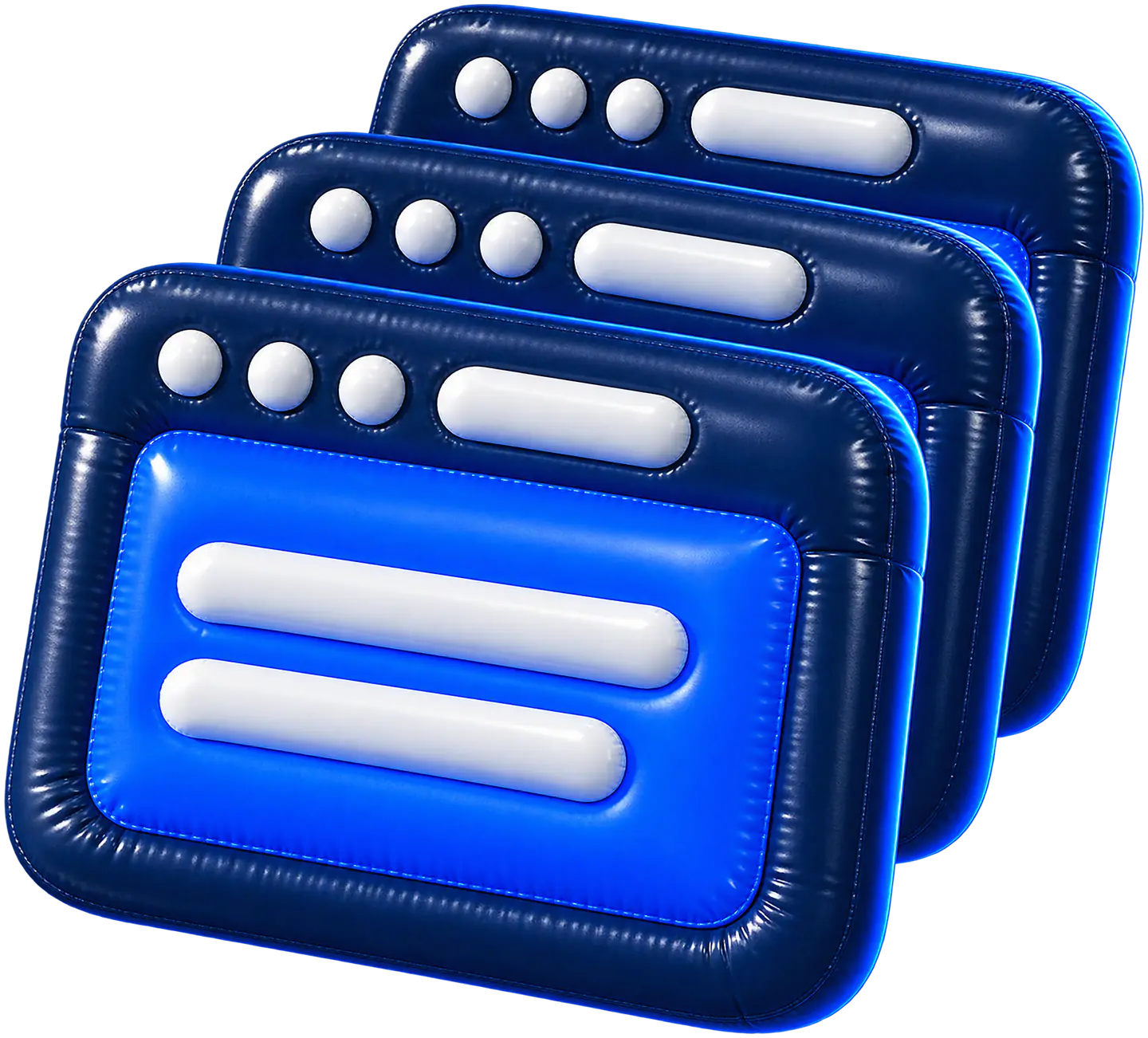 Three inflated web pages stacked and fanned, each a navy vinyl window with a blue screen and white bars