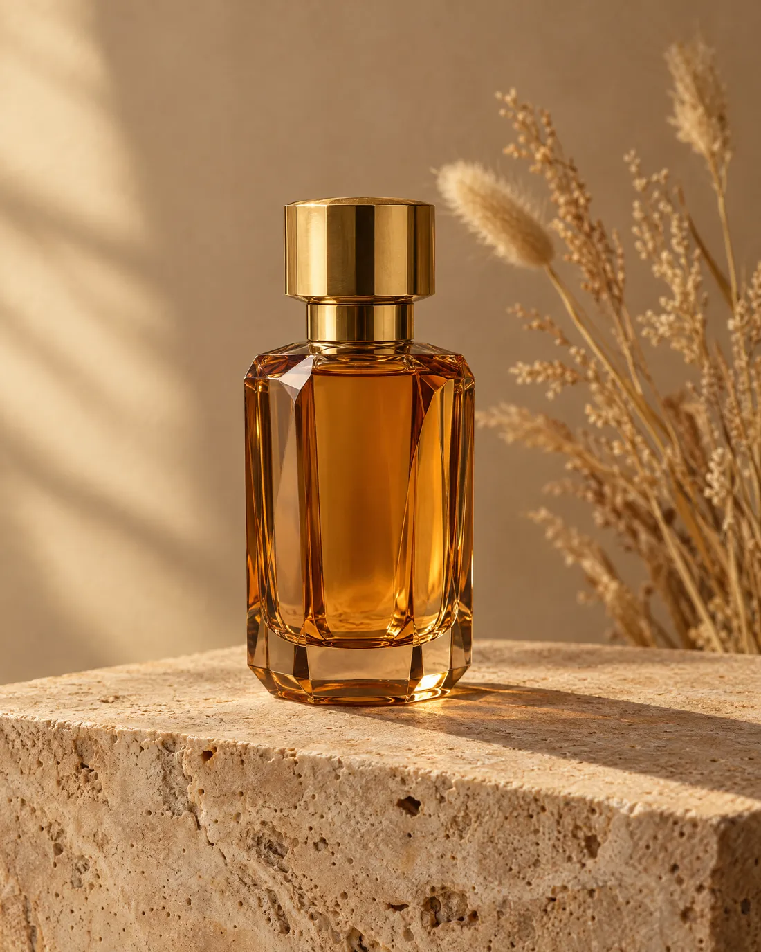 Oud Lumière, an amber glass bottle with a brass cap on travertine