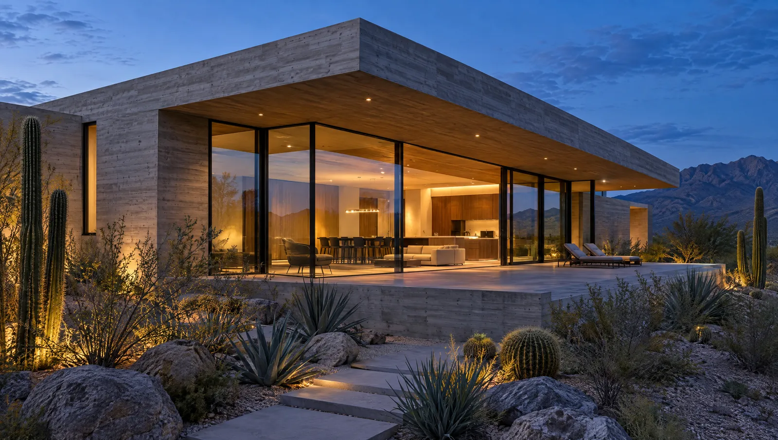 Wadi House at dusk: a board-formed concrete house under a deep roof, its glass walls lit, desert planting in front