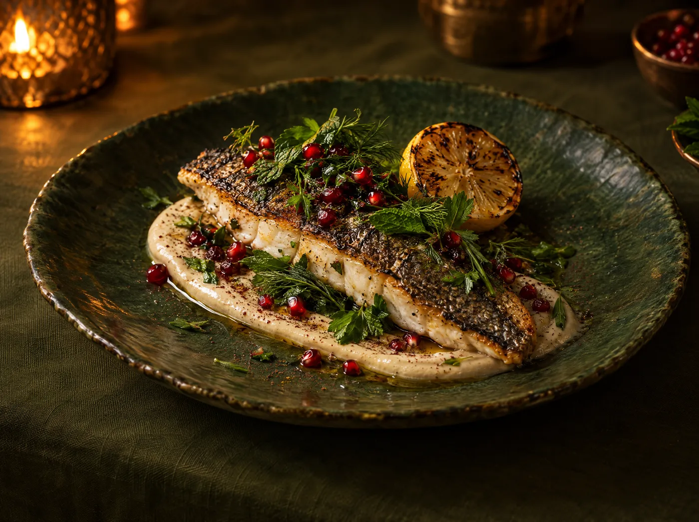 Charcoal sea bass on tahini with pomegranate and a charred lemon, on a green plate by candlelight