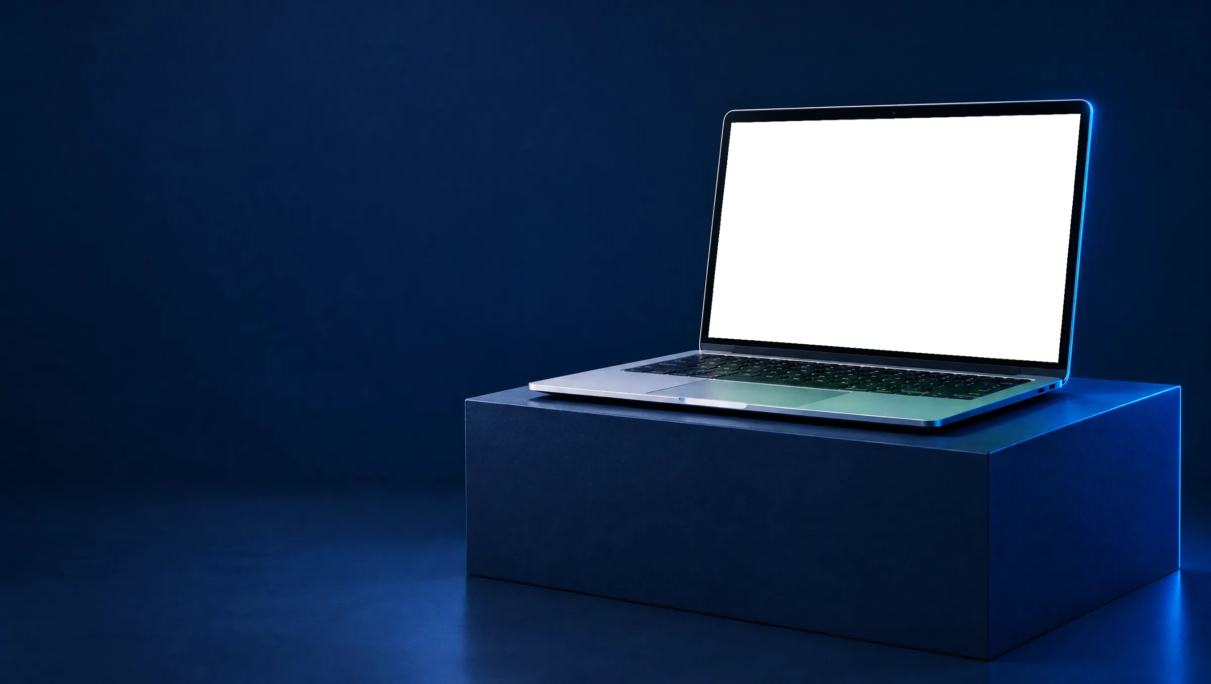 A laptop on a navy plinth running the Ambre Sixième concept store