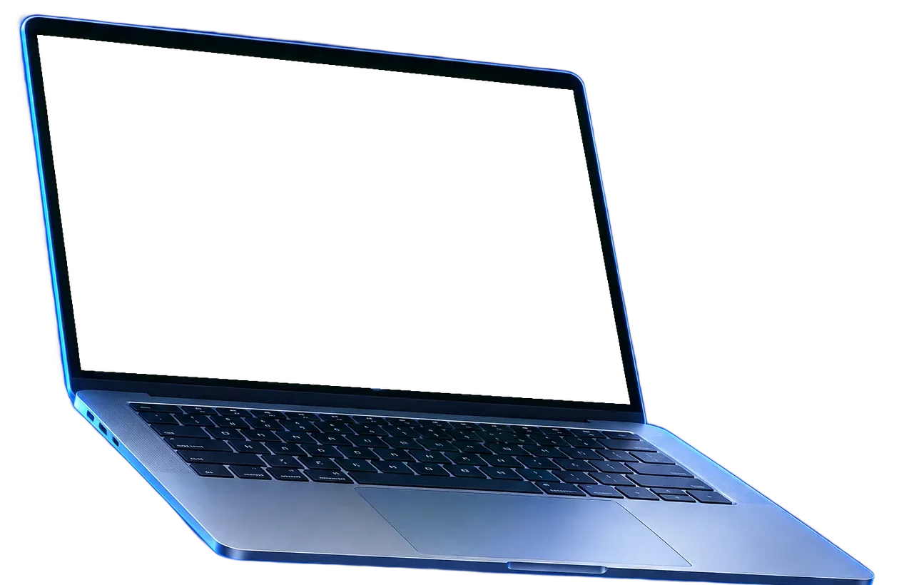 A laptop floating in the dark, its screen acting out each ending of the headline