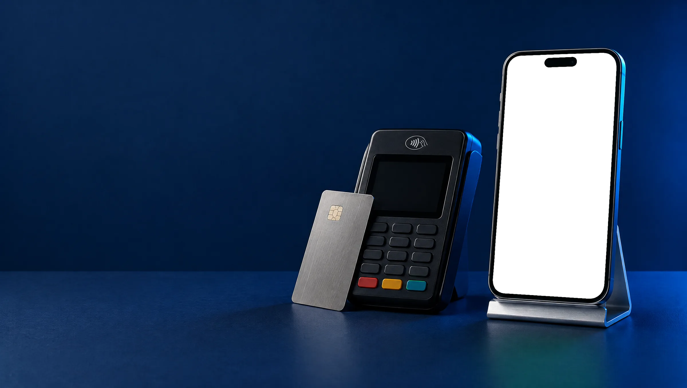 A phone on a stand beside a card terminal, running the Villa Azraq concept deposit checkout