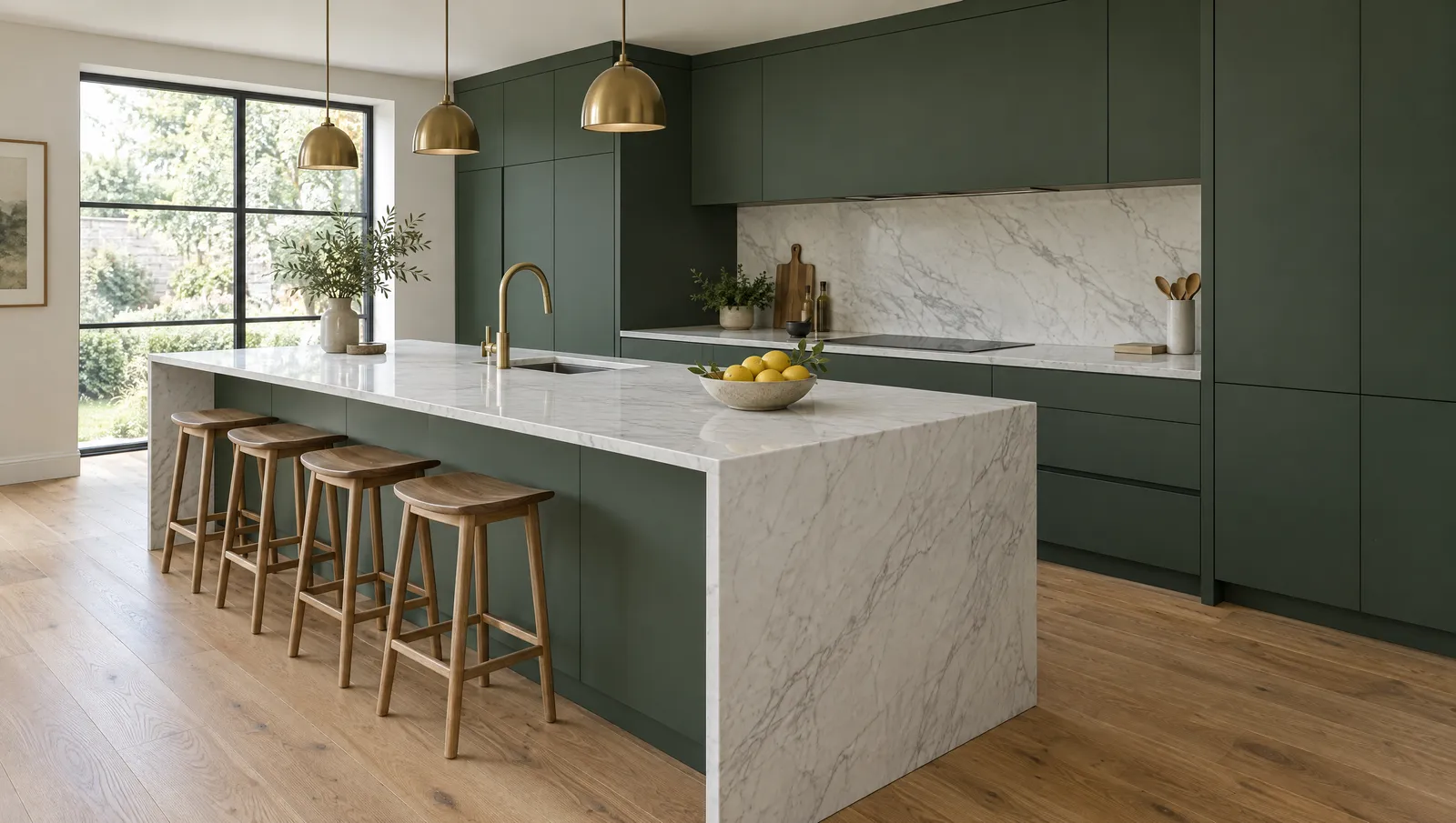 A Sidra kitchen: deep green cabinets, a marble island, a brass tap and an oak floor